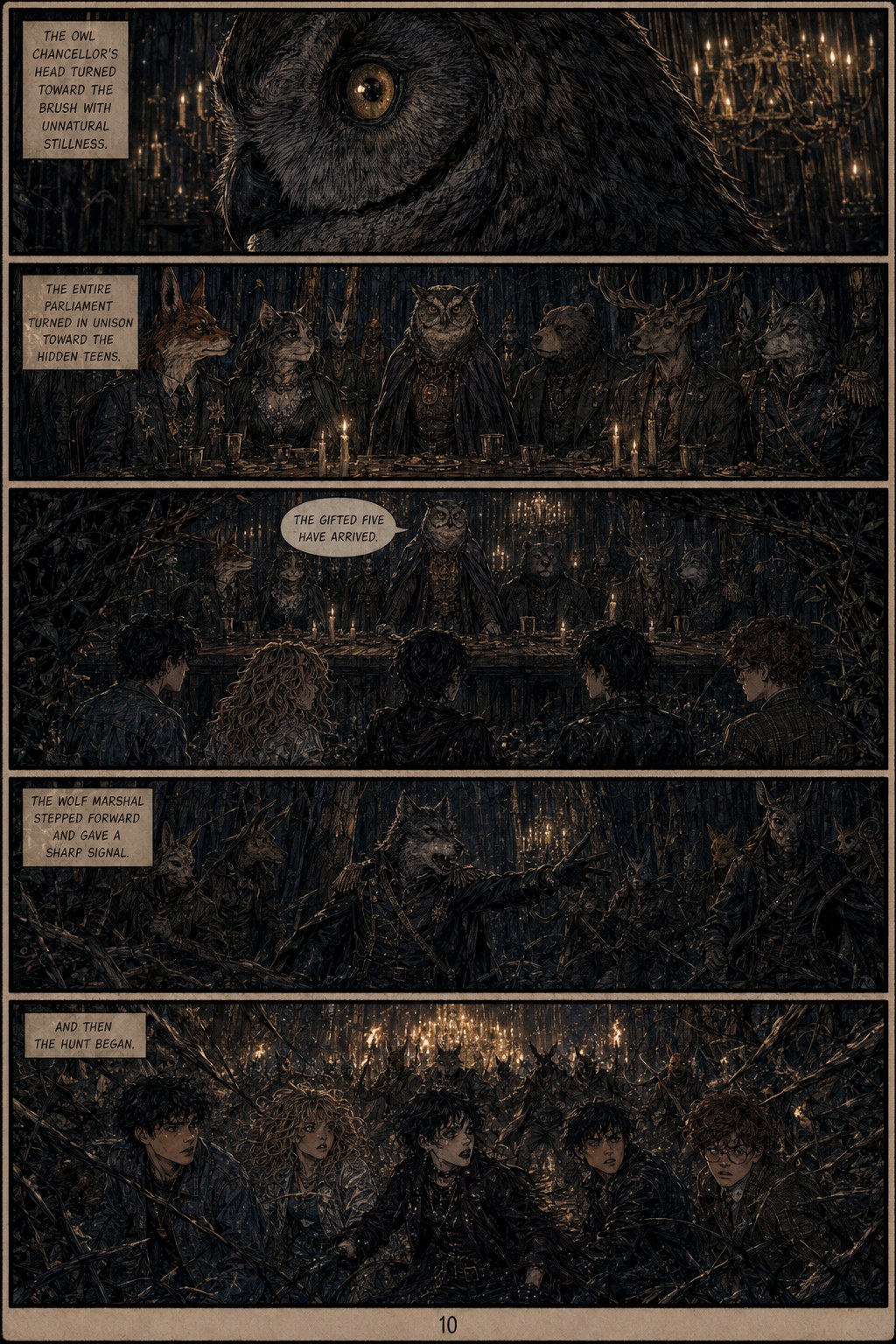 Comic page showing the Owl Chancellor and an animal parliament gathered in a candlelit forest