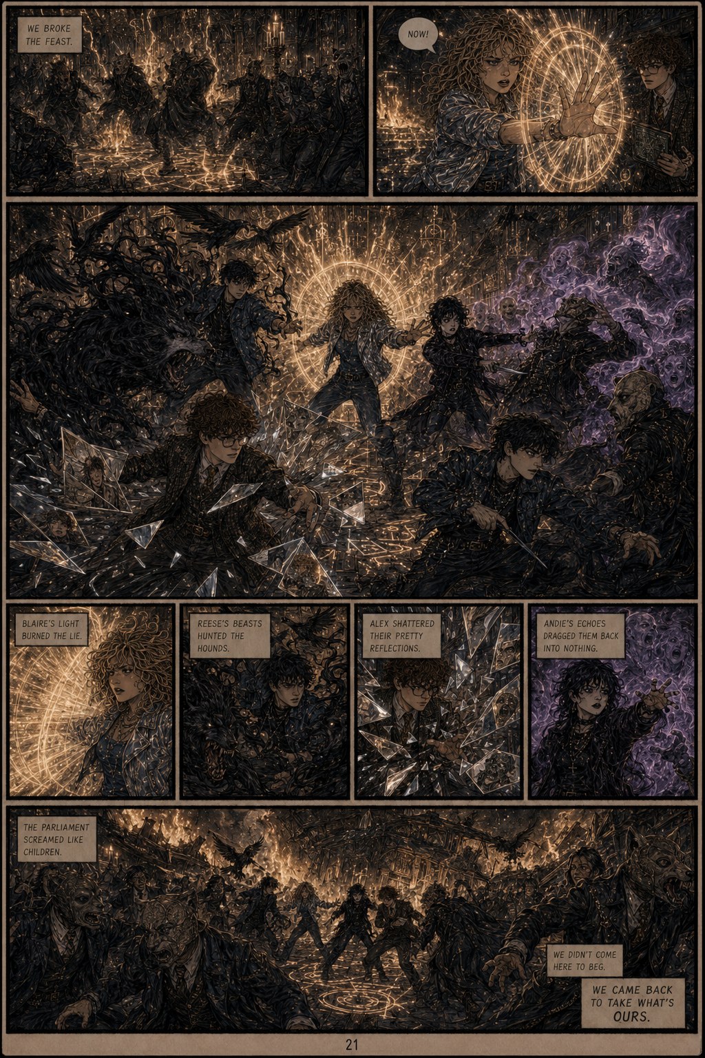 Comic page showing the five teenagers fighting back amid shattered mirrors and fire