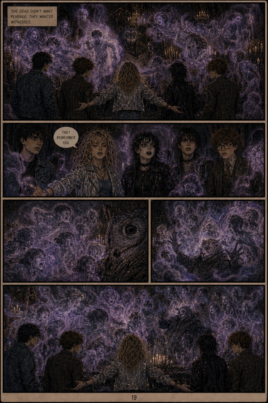 Comic page showing five teenagers surrounded by violet apparitions in the forest court
