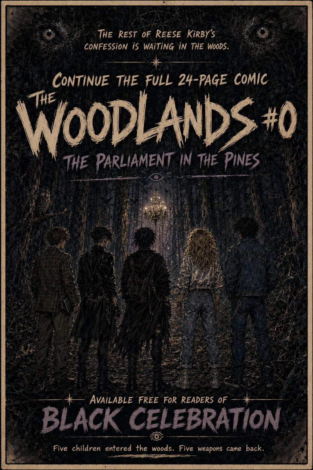 The Woodlands number zero cover, showing five teenagers entering a dark forest lit by a distant chandelier